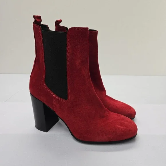 Barneys New York Red Suede Chelsea Ankle Boots Block Heel Made in Italy Size 39 - Picture 2 of 7